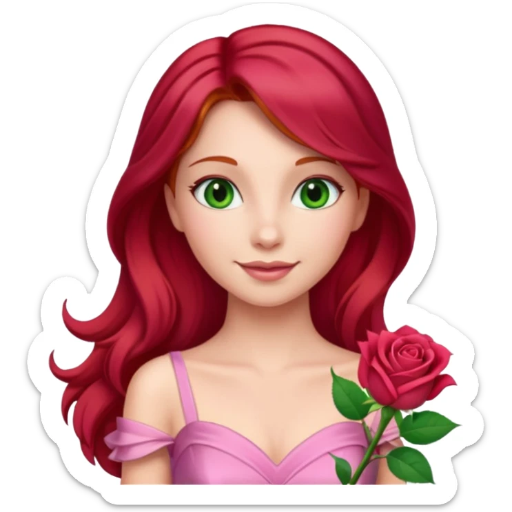 Aurora princess, classic fairytale style, red hair, pink gown, gentle smile, green amber eyes, holding a rose, emoji style sticker
