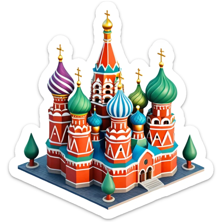 Isometric illustration of photorealistic Saint Basil's Cathedral with colorful onion domes, highly detailed in semi-realistic style, sharp outlines, subtle surface textures, balanced between stylized and realistic, 3D miniature effect with a slight hand-painted touch, no cartoonish look. sticker