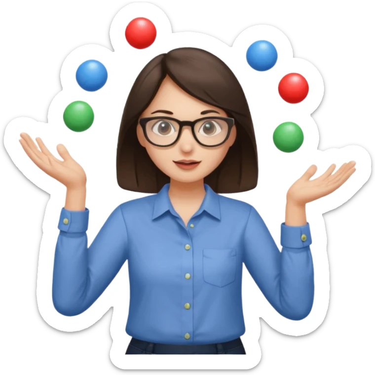 a brunette girl in a shirt and glasses  juggling  with two hands  sticker