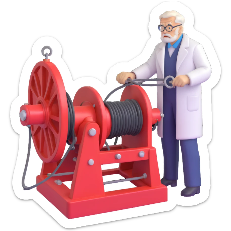 Elderly Russian scientist operating winch equipment on vintage marine geology research ship sticker