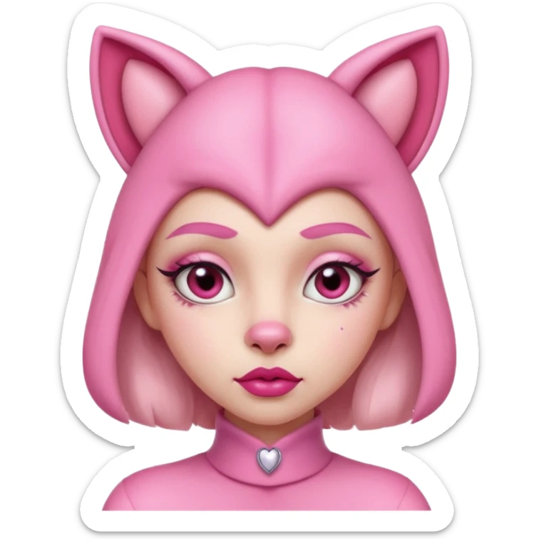 A woman dressed as a pink panther with soft pink skin, big expressive eyes, and glossy lips has a calm, pouty look. Pink animal ears and subtle heart details give her a sweet, playful vibe sticker