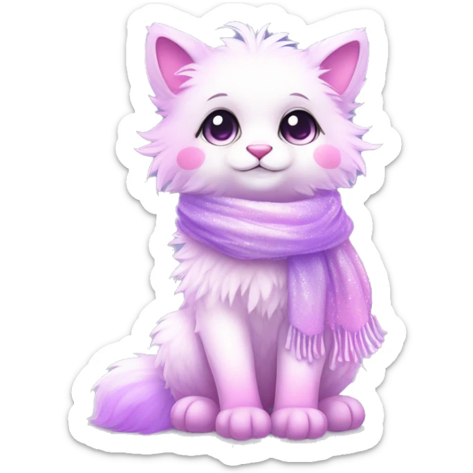 Edgy Kawaii cute gorgeous colorful sparkly bright light pastel lilac-pink-white-gradient fantasy ethereal fluffy fursona animal creature with a cute scarf full body sticker