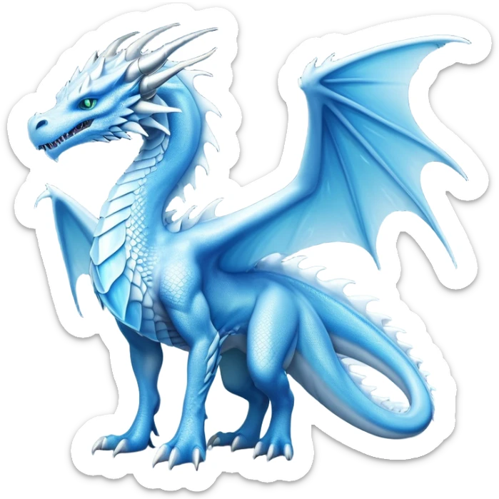 Cinematic Noble elegant Ice Dragon full body Emoji, Poised and imposing, distinct long elegant snout, with a slender, scaled body shimmering in glacial hues of icy blue, frostbitten silver, and crystalline white, breathing out frost, with piercing, glowing eyes that radiate the chilling depths of an arctic storm; rendered in detail. displaying its wings sticker