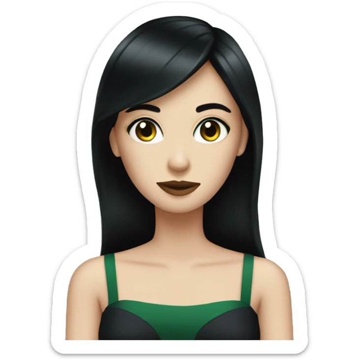 pale woman, straight black hair, wearing dark night dress, eyes are green sticker