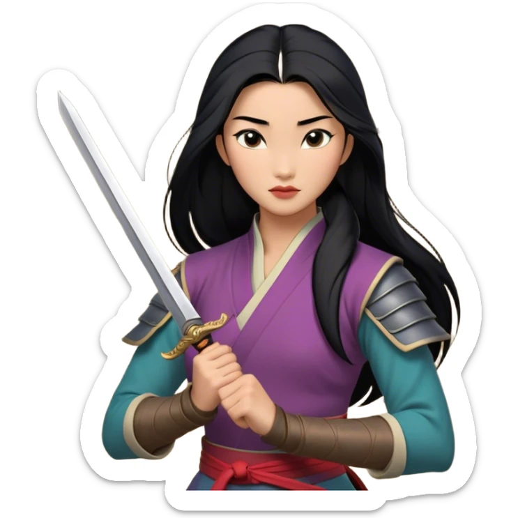 Cinematic Realistic Mulan Portrait, depicted with lifelike skin texture, soft natural lighting, and intricately detailed long black hair styled elegantly. Her deep, expressive eyes exude determination and grace, complemented by a serene yet confident expression. She stands with one hand resting on the hilt of her sword, the other by her side, exuding strength and poise. She is dressed in her classic attire, with rich fabric textures and delicate folds that catch the light beautifully. The portrait features a soft, enchanting glow with a natural, radiant finish, capturing the essence of timeless strength and beauty in a realistic and painterly style, evoking a sense of depth and authenticity. sticker