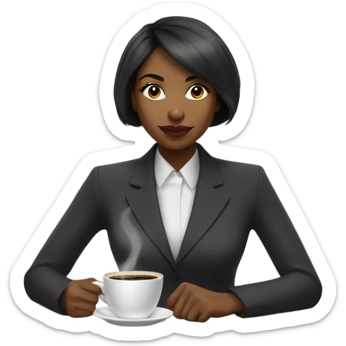 Cute black woman with a bob haircut in a power suit, sipping coffee with the word January behind her sticker