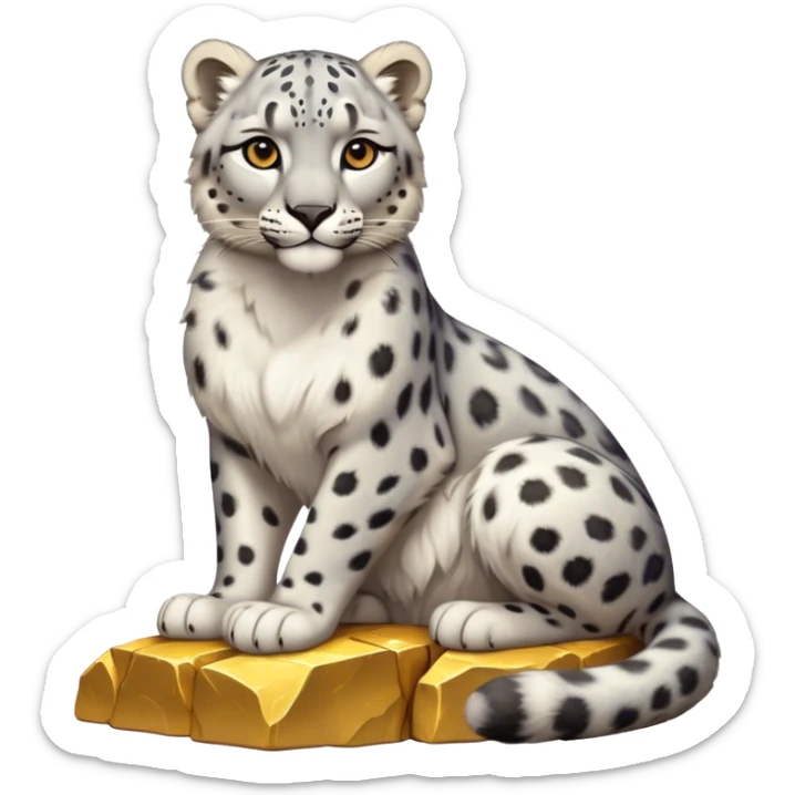 photorealistic snow leopard symbol of Kazakhstan sitting on pile of gold sticker