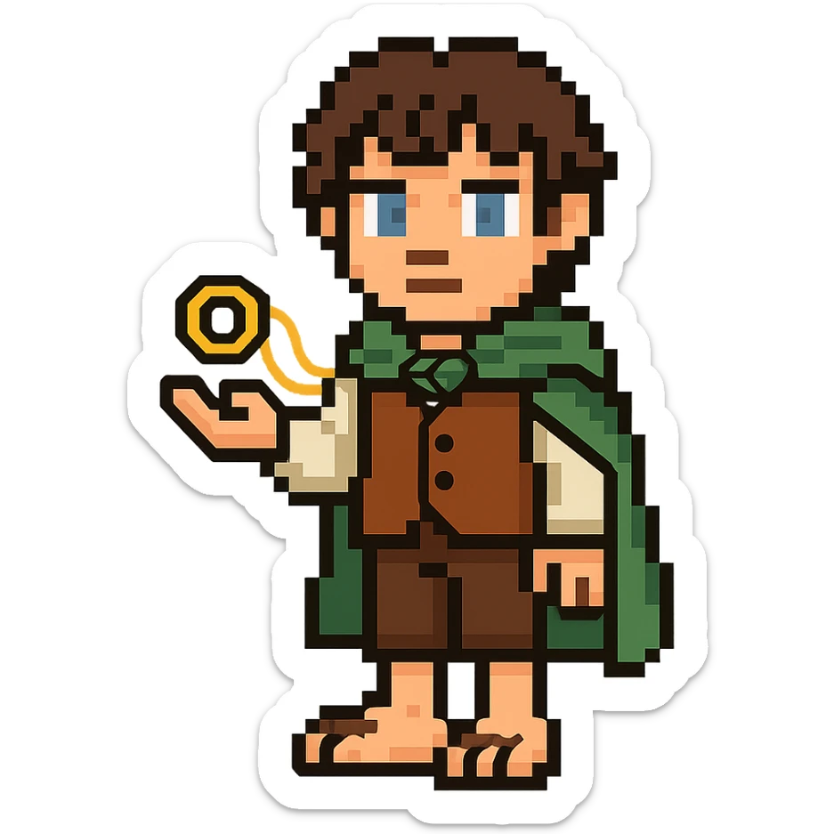 Whole body image of Frodo Baggins from the lord of the rings movie in pixel art style. Make Frodo look like the actor that portrayed him in the movie, Elijah Wood, blue eyes and dark curly hair. Frodo is wearing the same green elven cloak with the leaf buckle, brown vest, cream undershirt, dark brown leather short pants, and hairy hobbit feet. He is holding the one ring in the palm of his outstretched hand. the ring is golden yellow and a golden link chain necklace is strung through it. sticker