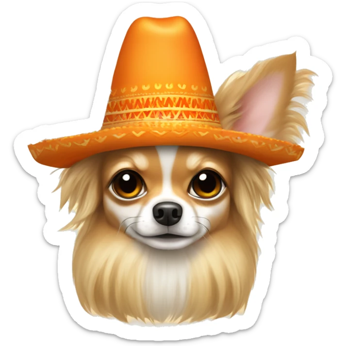 Long hair chihuahua dog, fur color beige with orange lights. He eat a parmigiano bite in sombrero  sticker