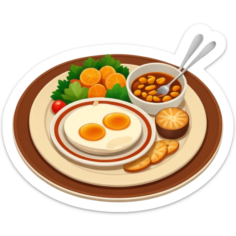 Homemade dishes on a plate, warm cozy colors, simple shapes, flat design, high contrast, friendly and inviting. sticker