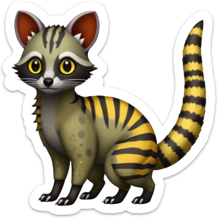 Rare warm-colored exotic edgy epic aesthetic gloomy spooky dark modern colorful cyber-Genet-Trico-Civet-species-Fakemon-hybrid-creature, with beautiful intricate markings, full body sticker