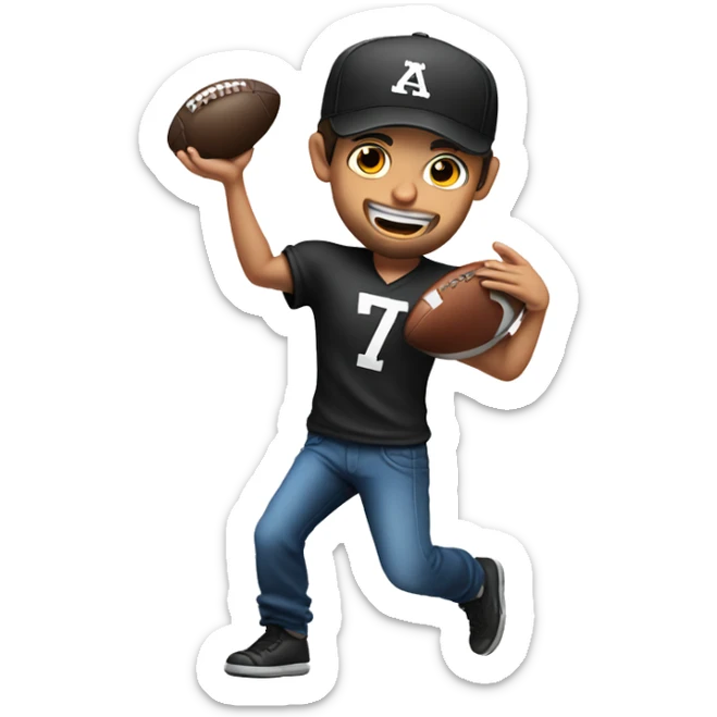 Young Jewish man throwing a football and he’s wearing a black trucker hat sticker