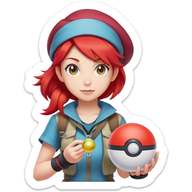 female pokemon trainer with bright red hair, pokeball, adventure outfit sticker
