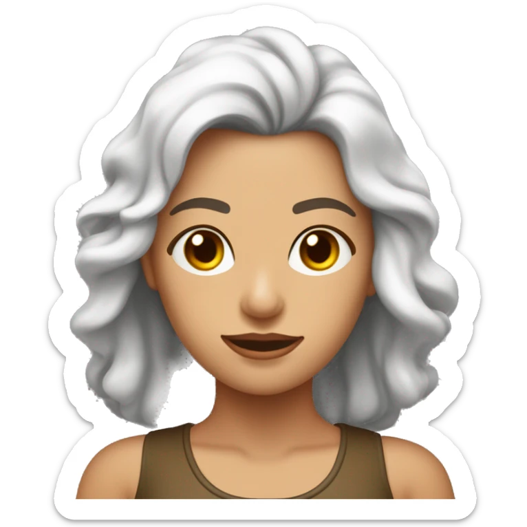 Mujer de piel blanca con pelo a la altura de los hombros , su pelo color marrón oscuro con puntas rubias. De ojos marrones y con remera sticker