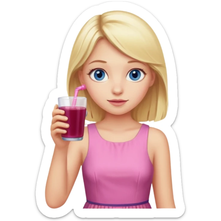 blonde girl with blue eyes in a pink dress drinking elderberry juice sticker