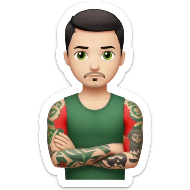 White young man with short black taper fade hair cut and slight goatee and neutral expression with his arms folded. Green eyes and black arm tattoos sticker