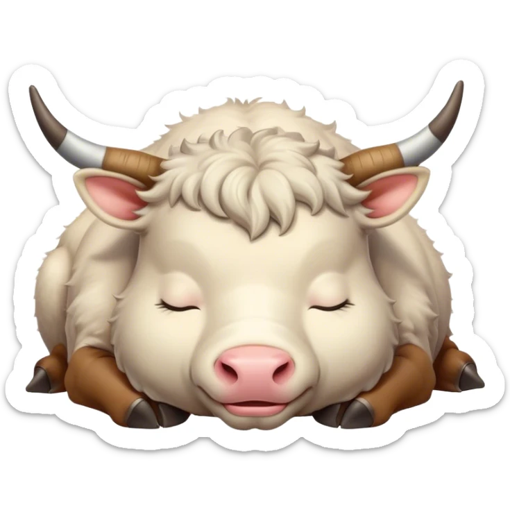 Meme-Worthy Cute Sleeping Domestic Ox Portrait Emoji, Head resting peacefully with a contented smile, showcasing a massive, sturdy build and a luxuriously soft hide, eyes gently closed in serene, restful slumber, Simplified yet hilariously adorable features, highly detailed, glowing with a soft, drowsy natural light, high shine, relaxed and utterly lovable, stylized with an air of playful laziness, soft glowing outline, capturing the essence of a sleeping ox that feels destined to become the next viral sensation of adorable rest! sticker