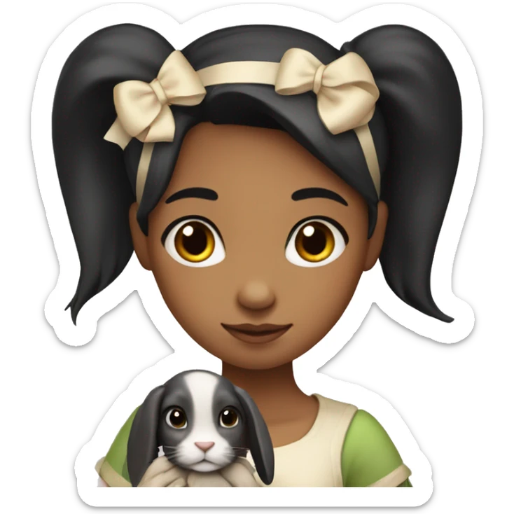 A girl with black hair and fair skin, with a bow on her hair, holds a hare in her hands sticker