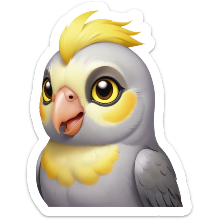 Cinematic Cute Cockatiel Portrait Emoji, Head tilted playfully and inquisitively, featuring a smooth grey fur with bright yellow accents and a perky crest, round, sparkling dark eyes filled with curiosity, Simplified yet irresistibly adorable features, highly detailed, glowing with a warm, friendly glow, high shine, affectionate and lively, stylized with a touch of whimsy, bright and endearing, soft glowing outline, capturing the essence of a mischievous yet loving cockatiel, so playful it feels like it could chirp out of the screen and into your arms! sticker