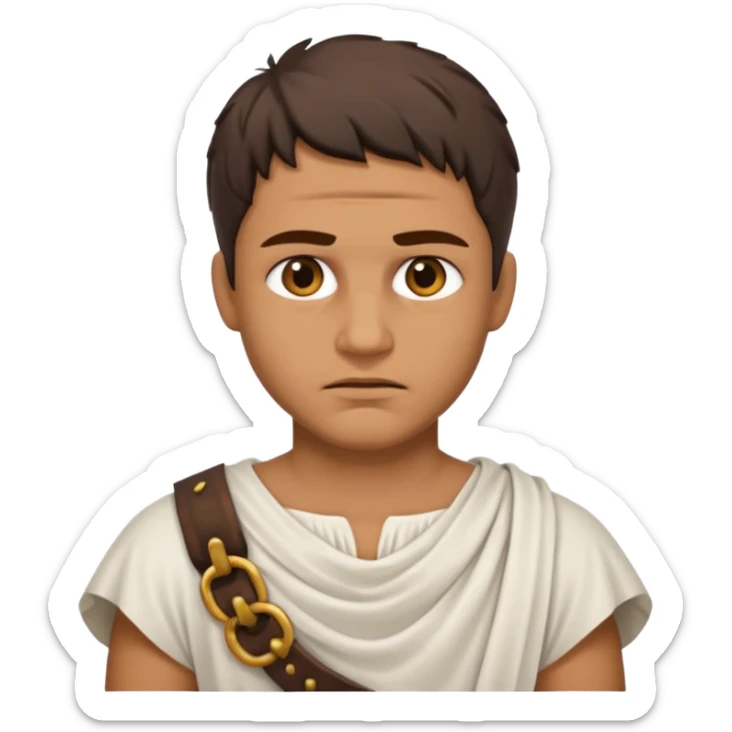 Emoji portrait of a Roman slave. Plain tunic, scar on the face, downtrodden expression. sticker