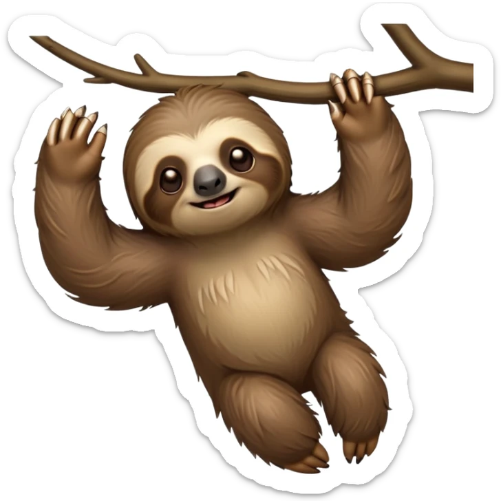 cinematic-sloth-realistic-full-body-hanging-emoji,-long-curved-claws-clinging,-thick-shaggy-brown-fur-slightly-ruffled,-head-tilted-dramatically,-slow-blinking-eyes-filled-with-serene-wisdom,-simplified-yet-realistic-focused-features,-highly-detailed,-glowing-with-an-almost-sarcastic-glow sticker