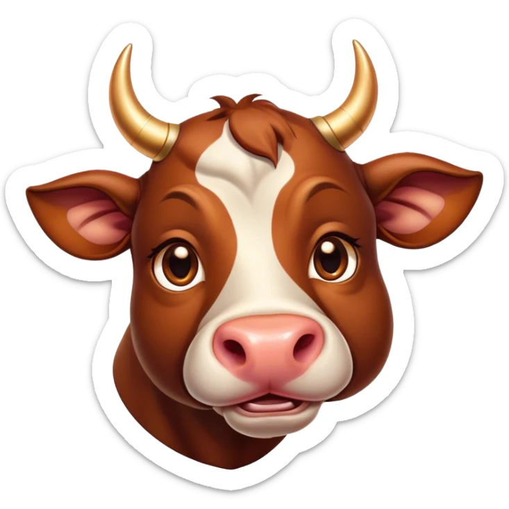 Cinematic Cute Domestic Bull Portrait Emoji, Head tilted playfully and inquisitively, with a sturdy, compact build and a smooth, polished coat of rich copper and brown hues accentuated by gently curved horns, round, sparkling eyes full of curious determination, Simplified yet irresistibly adorable features, highly detailed, glowing with a warm, friendly glow, high shine, affectionate and spirited, stylized with a touch of rustic charm, soft glowing outline, capturing the essence of a mischievous yet loving domestic bull that feels like it could trot out of the screen and into your arms! sticker