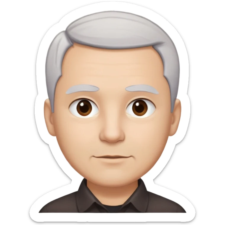 Head and shoulders portrait of Puerto Rican actor René Monclova. Round face with light skin tone. Short gray/white hair with receding hairline. Expressive dark brown eyes, thick eyebrows. Clean-shaven. Slight smile. Wearing a dark collared shirt. sticker