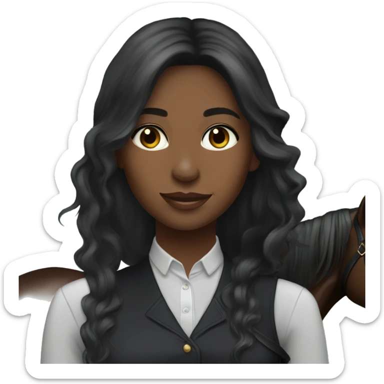 Pretty black equestrian woman long hair holding black stallion reins hazel eyes sticker