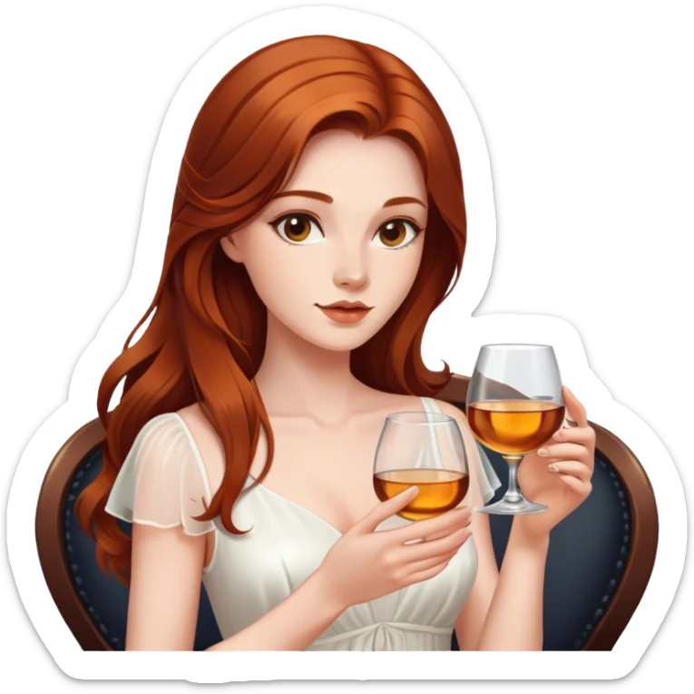 Beautiful woman in 1950’s woman fashion look, white dress, long auburn hair, whisky sticker