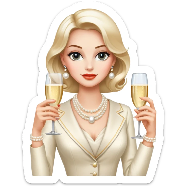 Elegant Western socialite with designer clothes, pearl necklace, champagne glass, luxury lifestyle sticker