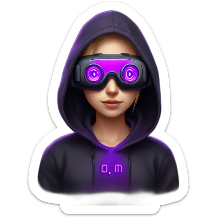 Russian student in the black hoody with violet letters "OMG" on it, wearing vr headset. Cyberpunk style. Violet neon. sticker