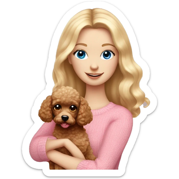 Pretty blue eyed white girl with blonde hair in a pink sweater holding a brown toy poodle sticker