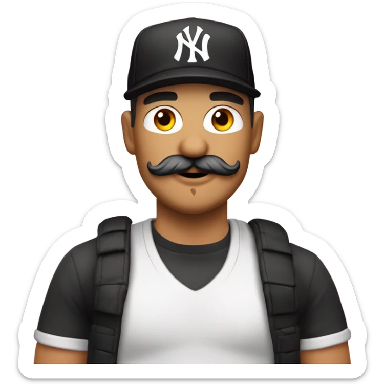 Homme blanc, 30 ans, cheveux courts noir, moustache, casquette noir yankees noir, avec une bière, t-shirt rose sticker