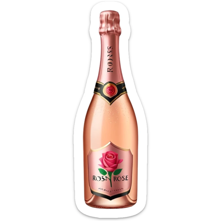 bottle of sparkling rosé champagne with a rose logo on the label, tilted up and to the right, no glass sticker