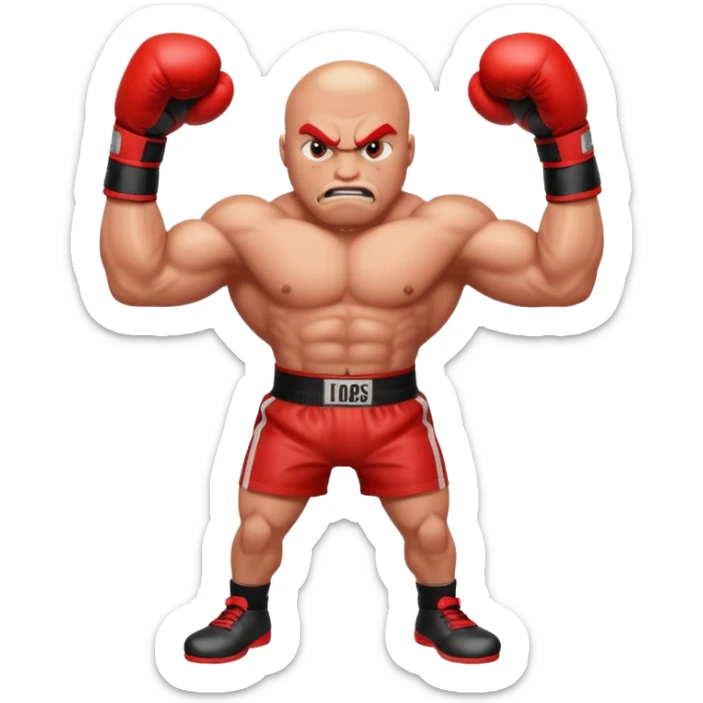Gota de agua de color rojo con cara de enfado y unos guantes de boxeo, que tenga brazos y piernas musculados sticker