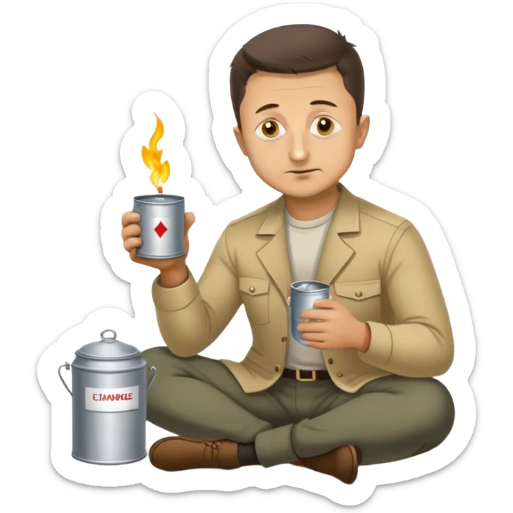 Volodymyr Zelenskyy on his knees with a tin cup and sign begging for “spare change”  sticker