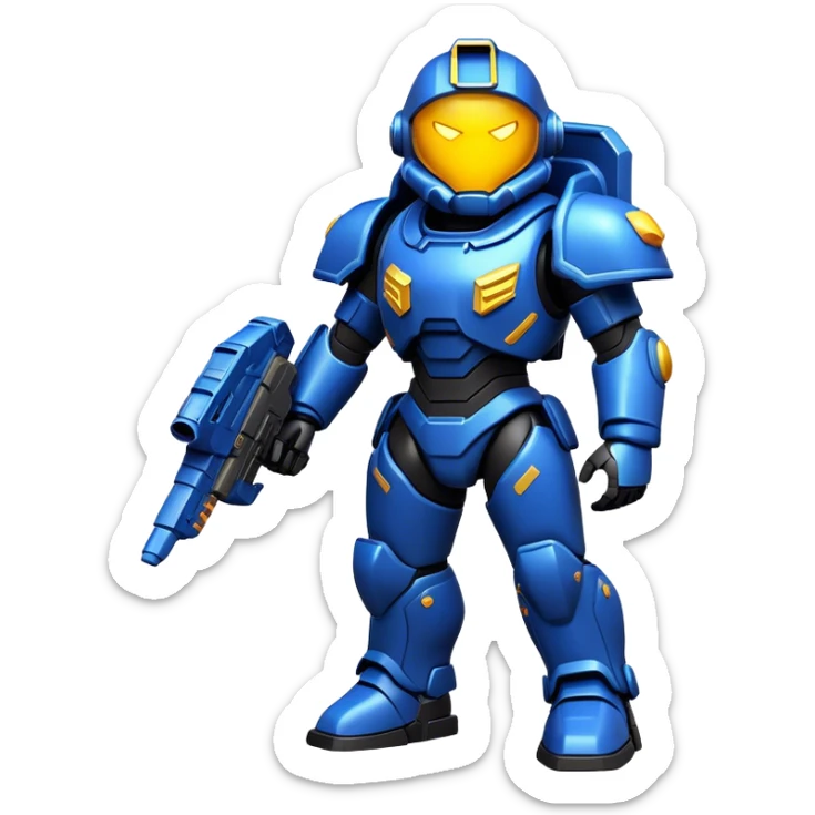 Clash of Clans aesthetic: Cinematic Playful Terran Marine Hero Emoji, rendered in a 3D vector-style similar to standard emojis with minimal shading and bold, simplified shapes. A compact, heroic isometric figure clad in futuristic power armor with signature energy accents, softly glowing with a cosmic battle charm. Simplified yet unmistakably iconic, highly detailed and consistent, glowing with a soft radiant shine and high gloss. Stylized with a touch of interstellar valor and a soft glowing outline, capturing the essence of an elite space warrior with a friendly, playful manner! sticker