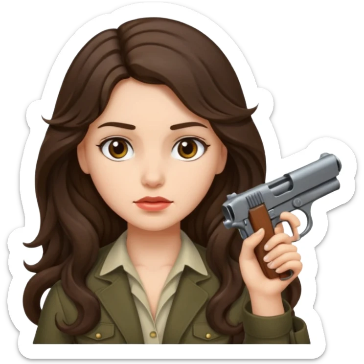 A brunette with long wavy hair girl who is about to kill herself with a littlr gun pointed at her temple sticker