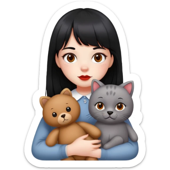 girl,white face,black eyes,red cheeks,a dot on the bam,long black hair with bangs,holding a British grey cat and a brown teddy bear sticker