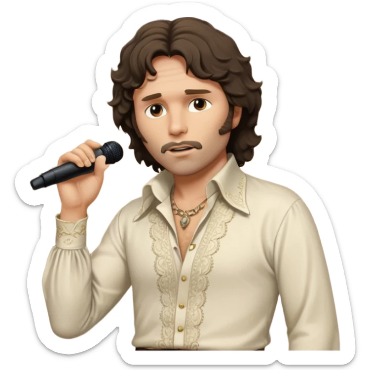 solarpunk realistic ultra HD - unkempt, shaggy with big sideburns Jim Morrison in an ivory Victorian shirt, in an trance dramatic pose, sings on stage sticker