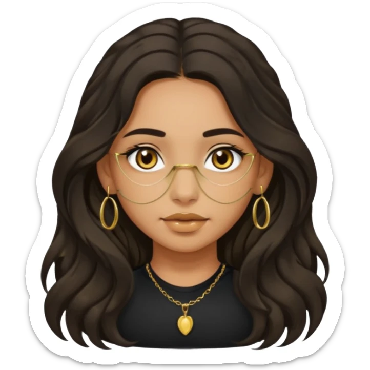 Girl with olive skin, very dark brown eyes and dark wavy long hair. wearing black shirt and gold nose ring sticker