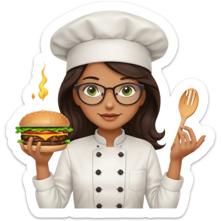 A female chef with glasses, dark brown long wavy hair, Green eyes and cooking a burger sticker