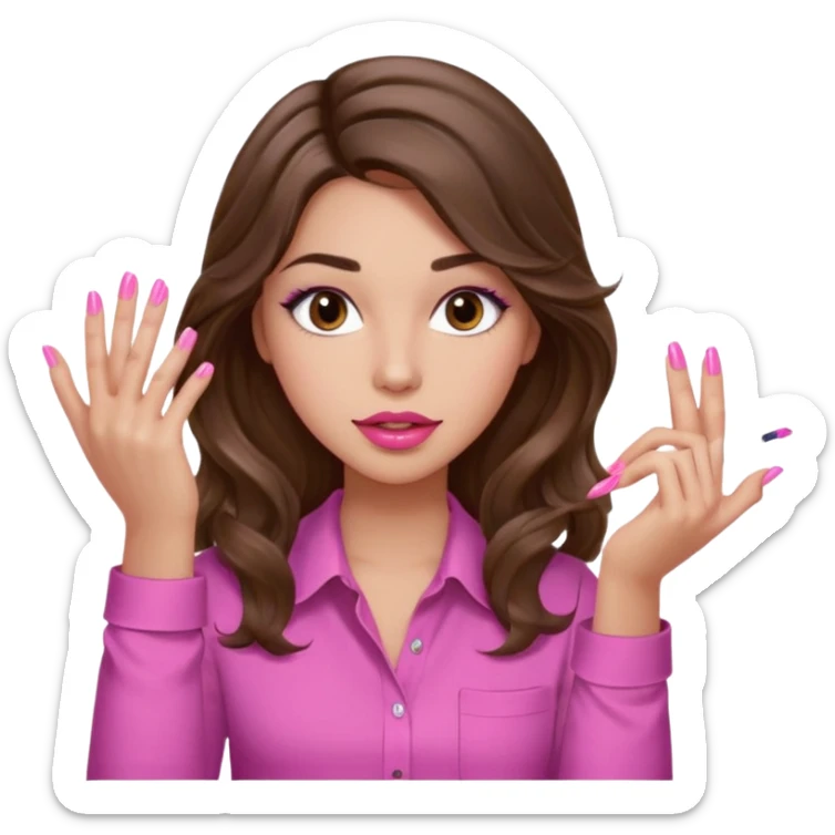 girl with long wavy brown hair, brown eyes, light to medium complexion, in a pink shirt, pink lips, long lashes, puckered lips, showing off painting long nails sticker