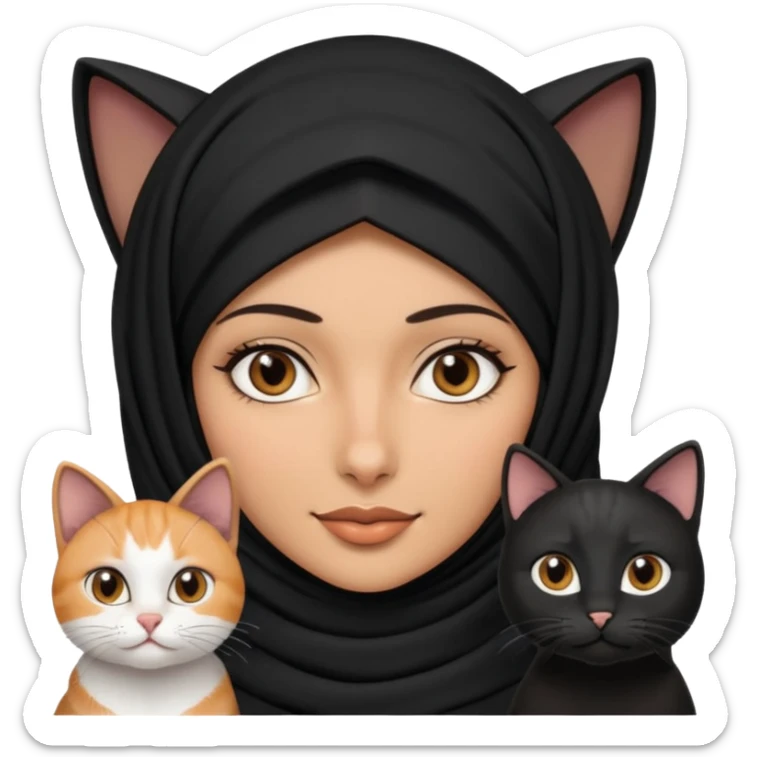 A Arabic woman human with brown eyes and black hijab. , two cats, the both cats have the colour black and white in the same colour,   sticker