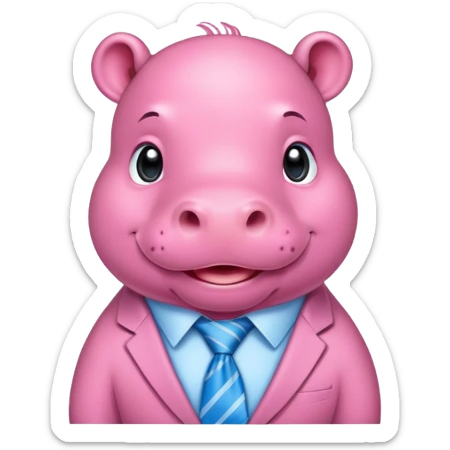 Emoji of pink baby Hippo wearing a blue tie in head sticker
