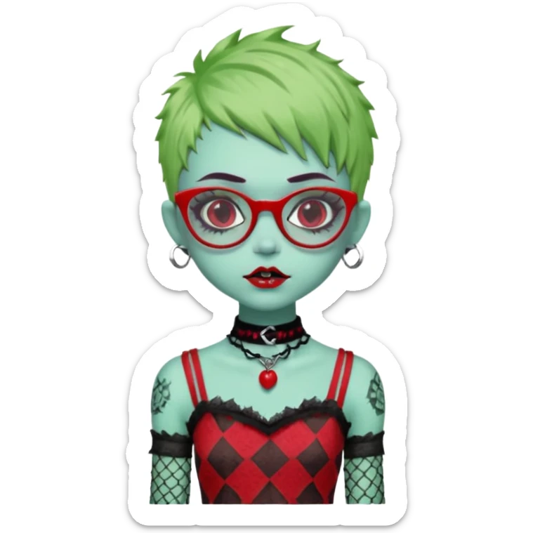 White hair, Ghoulia yelps monster high doll in scene/emo style cherry print dress with fishnet sleeves, clothes, thin, small, red, rectangle glasses, pale white-blue skin, pale-green shaggy pixie-cut , zombie scars , boy, punk choker sticker