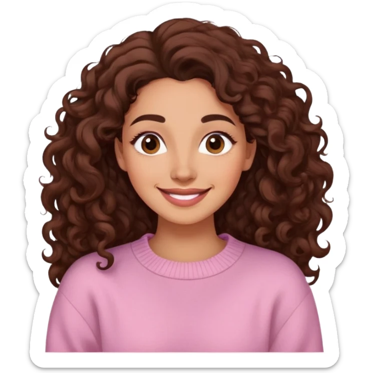 Mujer piel light brown canela, cara ovalada, cejas definidas, pelo súper largo rizado marron oscuro, raya al lado. Sonrisa amplia, expresión suave-alegre. Sweater largo rosado claro. sticker