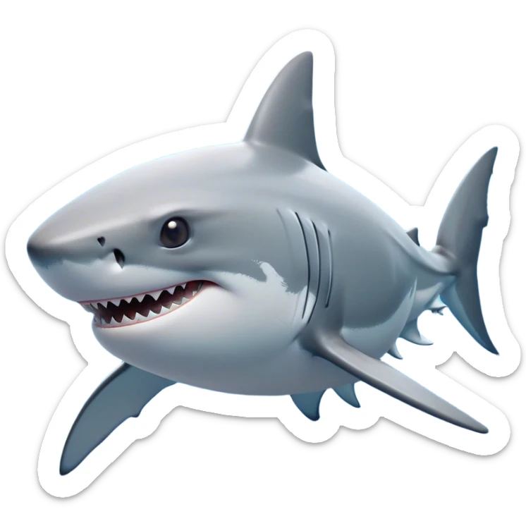 Cinematic Noble Shark Portrait Emoji, Poised and regal, with a sleek, powerful build and a smooth, streamlined body in icy gray and white tones, deep-set soulful piercing eyes, Simplified yet sharp and sophisticated features, highly detailed, glowing with a soft, dignified glow, high shine, intelligent and formidable, stylized with an air of oceanic majesty, focused and attentive, soft glowing outline, capturing the essence of a watchful and confident predator, so majestic it feels as though it could glide out of the screen with effortless authority! sticker