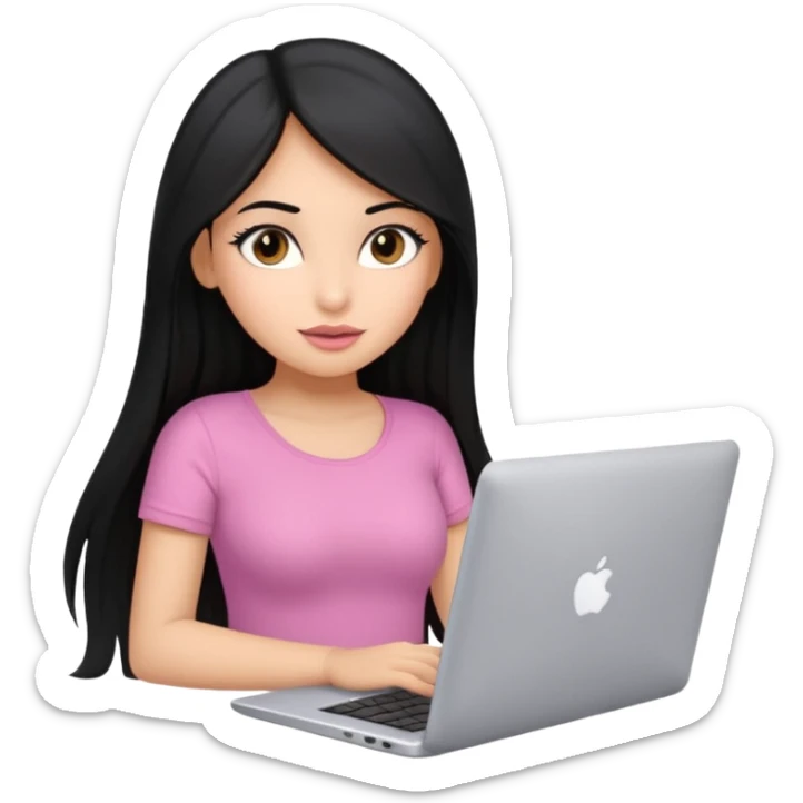Cute adorable latina girl, straight long black hair, big eyes, plumpy big lips, working with silver laptop, thin body, pink too sticker