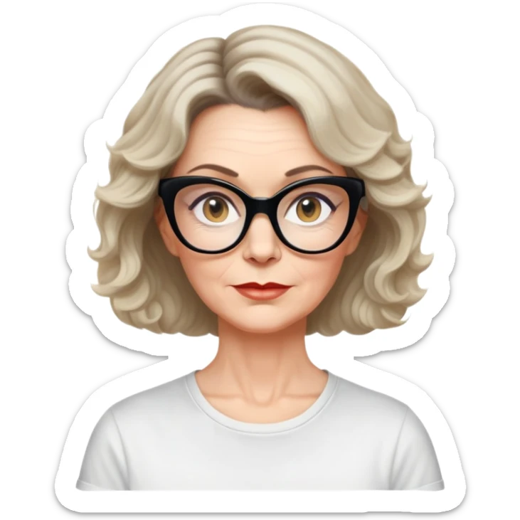 white woman about 50 years old with light warm skin, wavy black neck-length 80s short hair, neutral determined expression, large black shiny butterfly or cat-eye glasses, white casual t-shirt sticker
